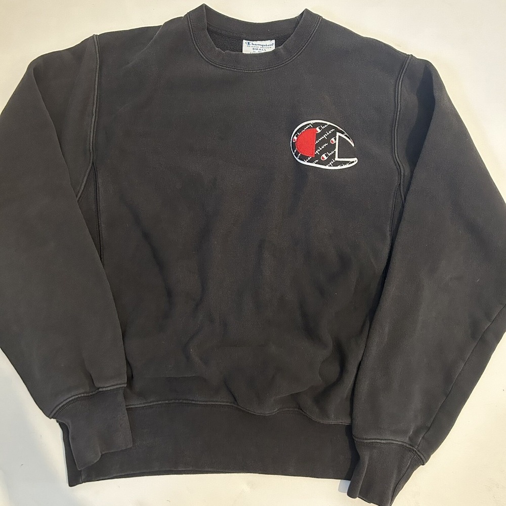 Champion Reverse Weave Sweater Mens Small Black Red White Crewneck Sweatshirt